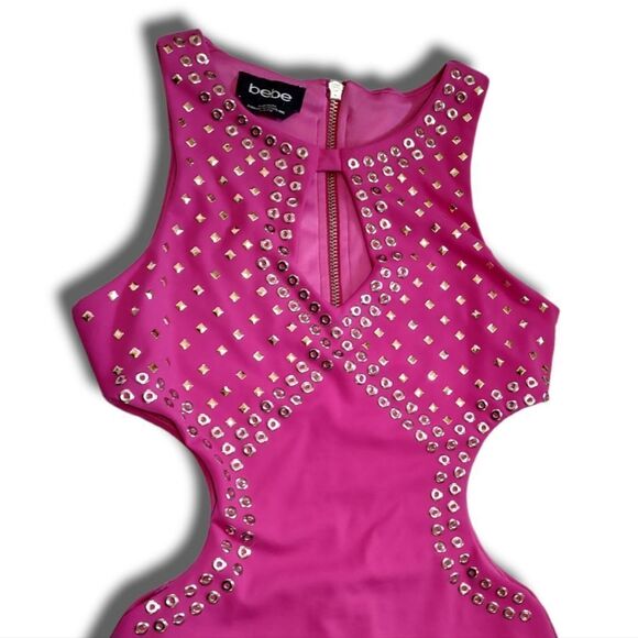 bebe Y2K Hot Pink Bodycon Cut Out Sides Embellished Cocktail Dress US XXS - Picture 3 of 10